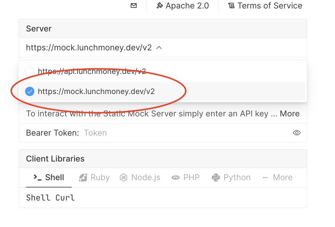 Server dropdown with mock server selected